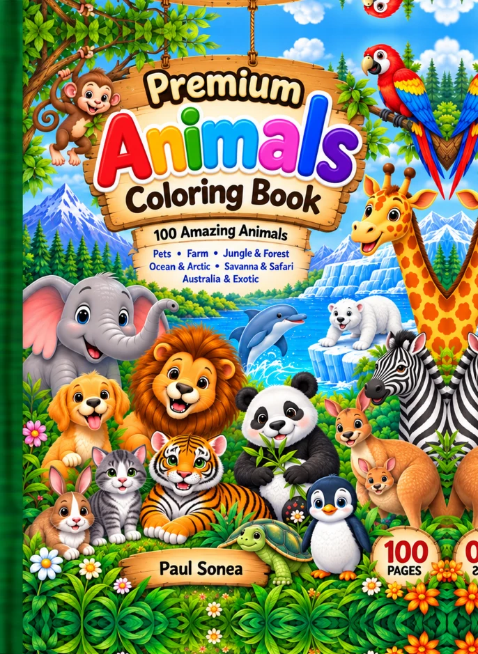 Cover of Premium Animals Coloring Book, 100 animal pages